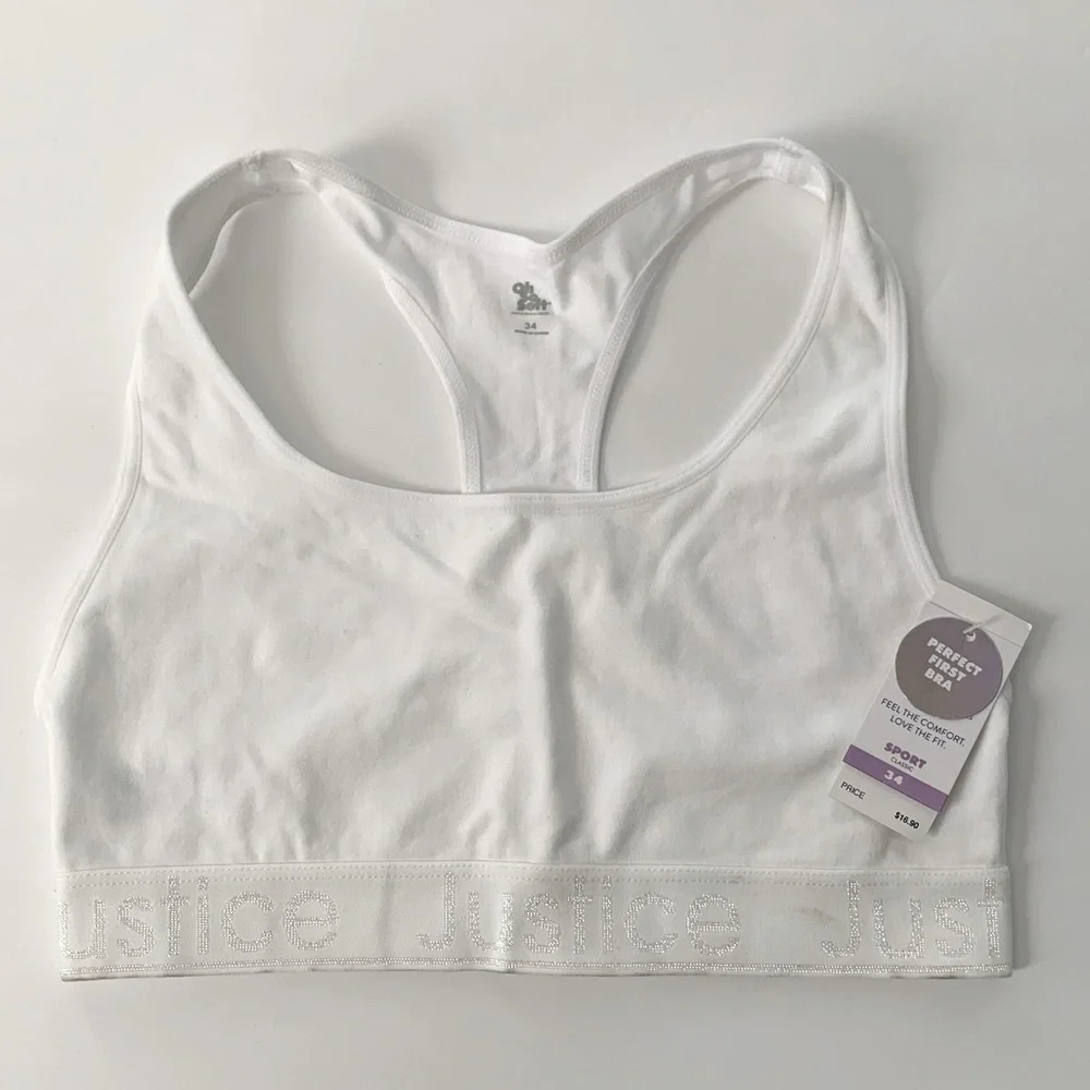 JUSTICE Girls White Sports Bra Size 34 NWT